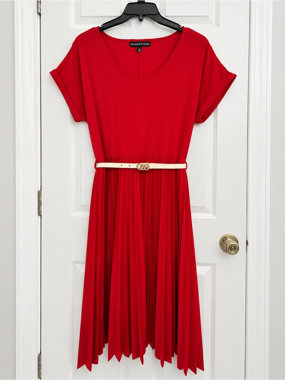 Elizabeth and James Red Pleated Midi Dress with Cream Belt